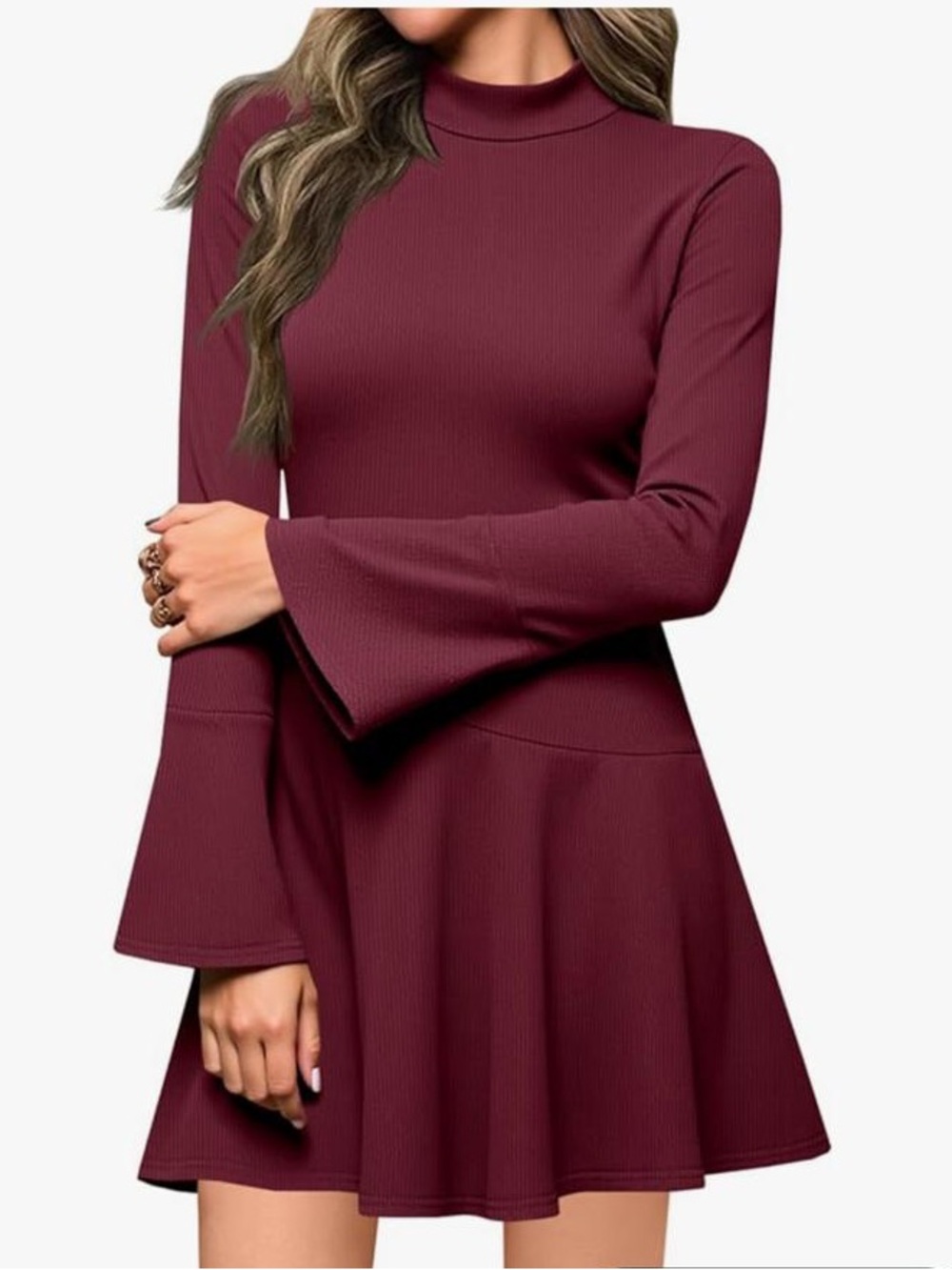 Bell-Sleeve Mock Neck Mini Dress in Burgundy Wine Red party formal date night